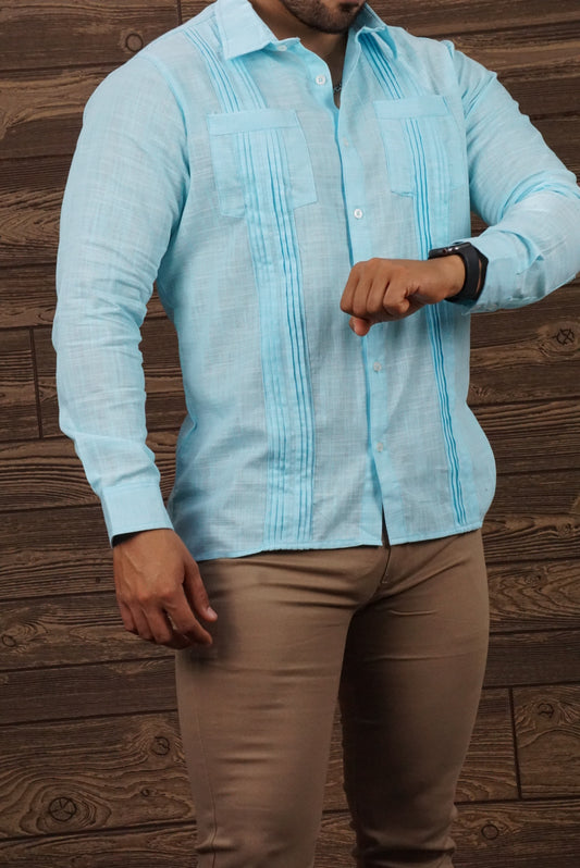 Camisa para caballero Agnor manga larga guayabera (HAgCL8) Cielo 305/235🟡🔵